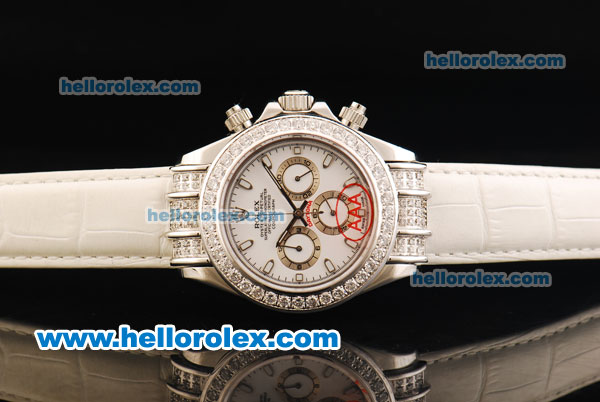 Rolex Daytona Chronograph Miyota Quartz Movement Diamond Bezel with White Dial and White Leather Strap - Click Image to Close